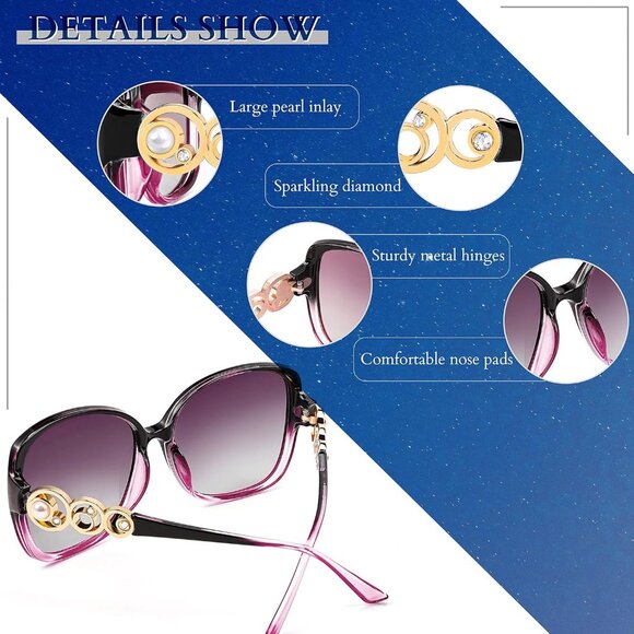 Women's Fashion Sunglasses Square Frame With Pearl Sparkling Eyes Protection - Picture 4 of 15